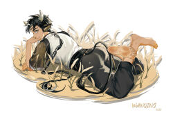 Rule 34 | 1boy, arknights, barefoot, black hair, black pants, braid, braided ponytail, brown eyes, brown shirt, character name, chinese commentary, coat, commentary request, cow boy, cow horns, cow tail, dated, head on hand, horns, looking at viewer, lying, male focus, mosi l, on grass, on ground, on stomach, pants, shirt, sleeveless, sleeveless coat, tail, wan qing (arknights), white coat