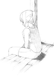 Rule 34 | 1girl, from behind, greyscale, majima yuki, monochrome, short hair, shorts, sidelocks, simple background, sitting, solo, tank top, traditional media, white background, wooden floor