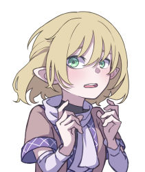 Rule 34 | 1girl, absurdres, arm warmers, blonde hair, brown jacket, eyebrows hidden by hair, green eyes, hair between eyes, highres, jacket, kame (kamepan44231), looking at viewer, mizuhashi parsee, one-hour drawing challenge, open mouth, pointy ears, scarf, short sleeves, simple background, solo, touhou, upper body, white background, white scarf