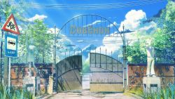 Rule 34 | arsenixc, cloud, cyrillic, day, erogame project, everlasting summer, gate, grass, highres, no humans, original, road sign, russian text, scenery, sign, sky, statue, translated, tree