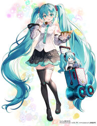 Rule 34 | 1girl, :d, beamed eighth notes, beamed sixteenth notes, black footwear, black skirt, blue hair, boots, commentary request, detached sleeves, drum, eighth note, food, fujima takuya, full body, green eyes, hair between eyes, hatsune miku, holding, holding food, instrument, long hair, long sleeves, looking at viewer, musical note, open mouth, pleated skirt, see-through, see-through sleeves, shirt, skirt, sleeveless, sleeveless shirt, smile, standing, standing on one leg, thigh boots, treble clef, twintails, very long hair, vocaloid, white shirt, white sleeves, wide sleeves
