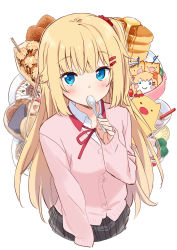 Rule 34 | 1girl, absurdres, akai haato, bad id, bad twitter id, blonde hair, blue eyes, blush, buttons, cardigan, collared shirt, commentary request, cookie, covered mouth, croquette, food, grey skirt, haaton (akai haato), hair ornament, hairclip, highres, holding, holding spoon, hololive, long hair, long sleeves, looking at viewer, mousou (mousou temporary), neck ribbon, one side up, pancake, pink cardigan, pleated skirt, red ribbon, ribbon, shirt, simple background, skirt, sleeves past wrists, solo, spoon, sweets, takoyaki, virtual youtuber, white background