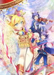 Rule 34 | 10s, 3boys, androgynous, animal ears, bishounen, blonde hair, butterfly wings, cat ears, crown, epaulettes, insect wings, instrument, kai (show by rock!!), looking at viewer, male focus, mini crown, momoshiki tsubaki, multicolored hair, multiple boys, one eye closed, open mouth, purple hair, riku (show by rock!!), show by rock!!, shu zo (show by rock!!), star (symbol), streaked hair, tambourine, violin, wings