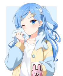 Rule 34 | blue eyes, blue hair, blue jacket, casual, cup, felutiahime, hair ornament, hairclip, highres, holding, holding cup, hololive, hoshimachi suisei, jacket, long hair, long sleeves, loungewear, mug, multicolored clothes, multicolored jacket, one side up, shooting star hair ornament, star (symbol), star hair ornament, star in eye, symbol in eye, towel, towel around neck, two-tone jacket, virtual youtuber, yellow jacket