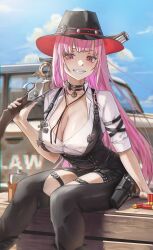 Rule 34 | 1girl, absurdres, archinoer, black choker, blue sky, breasts, car, chaps, choker, cleavage, cloud, cowboy hat, cowboy western, day, flask, grin, gun, hat, highres, holding, holding gun, holding weapon, hololive, hololive english, large breasts, long hair, mori calliope, mori calliope (sheriff), motor vehicle, official alternate costume, on vehicle, outdoors, pink eyes, pink hair, shell casing, shotgun, shotgun shell, sitting, sky, smile, solo, suspenders, very long hair, virtual youtuber, weapon