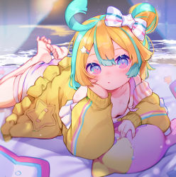 Rule 34 | 1girl, ahoge, amakawa hano, aqua hair, bare shoulders, barefoot, beach, blonde hair, blurry, bow, breasts, closed mouth, coat, collarbone, depth of field, downblouse, elbow rest, hair between eyes, hair bow, hair bun, hair ornament, hairclip, highres, looking at viewer, lying, multicolored hair, night, on stomach, purple eyes, rainbow hair ornament, re:act, single hair bun, skindentation, small breasts, soles, solo, star (symbol), star hair ornament, stuffed animal, stuffed toy, thigh strap, two-tone hair, utsusumi kio, virtual youtuber, water, yellow coat