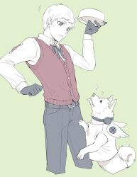 Rule 34 | 1boy, animal, closed mouth, clothed animal, cropped legs, dog, gloves, green background, holding, isa (peien516), koromaru (persona), long sleeves, male focus, neck ribbon, pants, persona, persona 3, red sweater vest, ribbon, sanada akihiko, shirt, simple background, solo, sparkle, sweat, sweater vest, tongue, tongue out