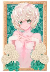 Rule 34 | 1girl, artist name, bare shoulders, breasts, breasts apart, clover (flower), clover background, detached collar, detached sleeves, dress, flower, green eyes, highres, kia (djau8253), lace, lace-trimmed dress, lace-trimmed sleeves, lace trim, looking at viewer, original, personification, plunging neckline, see-through, see-through dress, short hair, signature, small breasts, smile, solo, upper body, white dress, white hair