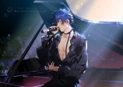 Rule 34 | 1boy, abs, black choker, blue hair, chinese commentary, choker, collared shirt, commentary, ear piercing, earrings, ensemble stars!, eyes visible through hair, fingernails, holding, holding microphone, instrument, jewelry, long sleeves, male focus, microphone, partially unbuttoned, piano, piercing, ring, rrr (reason), sazanami jun, shirt, sitting, solo, twitter username, watermark, yellow eyes