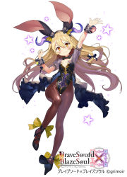 Rule 34 | 1girl, animal ears, ankle ribbon, arm up, black dress, black leotard, black pantyhose, blonde hair, blush, braid, brave sword x blaze soul, breasts, copyright name, dress, fake animal ears, floating hair, gaou (umaiyo puyoman), hair between eyes, hand up, high heels, highres, leg ribbon, leotard, long hair, looking at viewer, official art, outstretched arm, pantyhose, playboy bunny, rabbit ears, ribbon, short sleeves, simple background, small breasts, smile, solo, star (symbol), starry background, twin braids, watermark, white background, wrist cuffs, yellow ribbon