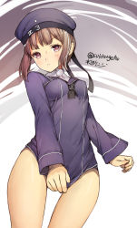 Rule 34 | 10s, 1girl, blush, bottomless, breasts, brown eyes, brown hair, clothes writing, covering privates, covering crotch, dress, frown, hat, highres, kantai collection, looking at viewer, mizuta kenji, no pants, personification, sailor collar, sailor dress, sailor hat, short hair, solo, twitter username, z3 max schultz (kancolle)