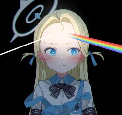 Rule 34 | 1girl, apron, big forehead, black background, blonde hair, blue apron, blue archive, blue eyes, bow, bowtie, commentary request, dark background, dark side of the moon, forehead, gomennasai, halo, highres, id card, long hair, parted bangs, pink floyd, rainbow, reflection, short sleeves, solo, sora (blue archive), striped bow, striped bowtie, striped clothes, sweat, two side up, upper body