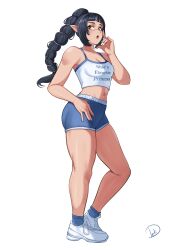 Rule 34 | 1girl, absurdres, baldur&#039;s gate, baldur&#039;s gate 3, black hair, blue shorts, blue socks, braid, braided ponytail, breasts, cleavage, collarbone, commentary, crop top, deliciousbrain, dungeons &amp; dragons, english commentary, full body, high ponytail, highres, long hair, looking at viewer, midriff, navel, open mouth, pointy ears, print tank top, scar, scar on face, scar on nose, shadowheart (baldur&#039;s gate), shoes, shorts, sidelocks, signature, simple background, sneakers, socks, solo, standing, tank top, white background, white footwear, white tank top, yellow eyes