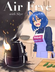 Rule 34 | 1girl, ahoge, air fryer, apron, black shirt, blue hair, blurry, blush, chili pepper, closed eyes, collared shirt, commentary, crying, depth of field, english commentary, english text, fire, hair between eyes, hcnone, highres, jalapeno pepper, kitchen, meme attire, original, print apron, shirt, short hair, skye (hcnone), sleeves rolled up, smoke, snot, solo, sugoi dekai, upper body, white apron