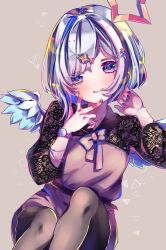 Rule 34 | 1girl, amane kanata, angel wings, blue hair, blue nails, blush, bob cut, brown legwear, casual, colored inner hair, feet out of frame, halo, highres, hololive, looking at viewer, multicolored hair, nail polish, pink hair, puffy sleeves, purple eyes, red nails, see-through, short hair, silver hair, smile, solo, star halo, streaked hair, tongue, virtual youtuber, watch, wings, wristwatch, yorumikan