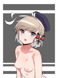 Rule 34 | 1girl, :o, azur lane, black bow, black hat, blue eyes, blush, bow, breasts, brown hair, collarbone, cross, gradient hair, hair bow, hat, hat bow, highres, iron cross, looking at viewer, multicolored hair, nezuko, nipples, nude, open mouth, short hair, silver hair, small breasts, solo, swept bangs, upper body, white bow, z23 (azur lane)