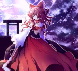 Rule 34 | 1girl, alternate costume, bad id, bad pixiv id, bow, brown eyes, brown hair, choker, detached sleeves, dress, expressionless, female focus, frills, gathers, gohei, hair bow, hakurei reimu, highres, japanese clothes, light particles, miko, red dress, riichu, solo, torii, touhou