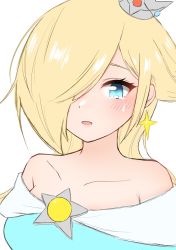 Rule 34 | 1girl, among us, among us eyes (meme), bare shoulders, blonde hair, blue dress, blue eyes, blush, brooch, crown, crying, crying with eyes open, dress, earrings, hair over one eye, highres, jewelry, long hair, mario (series), meme, nintendo, open mouth, rosalina, single earring, solo, star (symbol), star earrings, strapless, strapless dress, super mario galaxy, tears, tomatomiya, upper body, white background