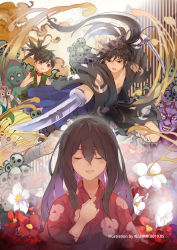 Rule 34 | 1boy, 2girls, :o, absurdres, amputee, androgynous, artist name, black hair, brown eyes, child, closed eyes, dated, demon, dororo (character), dororo (tezuka), dual wielding, flat chest, floral print, flower, hair over one eye, highres, holding, hyakkimaru (dororo), japanese clothes, katana, kimono, long hair, looking at viewer, ming qi bibi, mio (dororo), multiple boys, multiple girls, music, open mouth, pile of skulls, ponytail, prosthesis, prosthetic arm, red flower, singing, standing, sword, upper body, very long hair, weapon, white flower