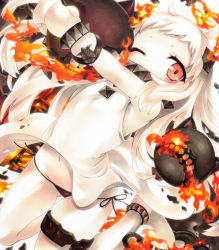 Rule 34 | 10s, 1girl, absurdres, abyssal ship, ahoge, anklet, bare shoulders, barefoot, black panties, black ribbon, blush, colored skin, covered mouth, dress, fire, groin, highres, holding, horns, jewelry, kantai collection, legband, legs up, long hair, mittens, navel, northern ocean princess, one eye closed, orange eyes, pale skin, panties, ribbon, shikishi, side-tie panties, sleeveless, sleeveless dress, solo, underwear, white dress, white hair, white mittens, white skin, yukitsuki kokoro