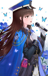 Rule 34 | 1girl, absurdres, bag, belt, black belt, black hair, black jacket, blue butterfly, blue coat, blue flower, blue hat, blue necktie, brown eyes, brown hair, bug, butterfly, coat, coat on shoulders, collared shirt, diesel (nikke), earrings, flower, from side, gloves, goddess of victory: nikke, hand on own chest, hat, heart, highres, holding, holding microphone, insect, jacket, jewelry, light blush, microphone, military, military hat, military jacket, military uniform, music, necktie, open clothes, open jacket, open mouth, peaked cap, shirt, sidelocks, singing, solo, striped necktie, tina (tinafya), uniform, white gloves, white shirt