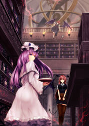 Rule 34 | 3girls, ass, black legwear, black wings, blue ribbon, book, bookshelf, breasts, capelet, demon tail, demon wings, dual persona, fire, hat, hat ribbon, head wings, highres, holding, holding book, indoors, koakuma, large breasts, library, long hair, long sleeves, looking at viewer, mob cap, mop, multiple girls, patchouli knowledge, pencil skirt, purple eyes, purple hair, red eyes, red hair, red ribbon, ribbon, short sleeves, sinkai, skirt, smile, standing, tail, thighhighs, torch, touhou, tray, wide sleeves, wings