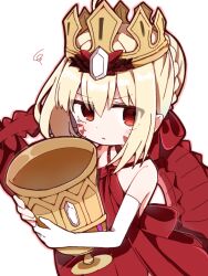 Rule 34 | 1girl, blonde hair, braid, braided bun, chibi, commentary request, criss-cross halter, crown, cup, double-parted bangs, dress, eyes visible through hair, facial mark, fate/grand order, fate (series), hair bun, halterneck, height difference, holding, holding cup, holy grail (fate), jitome, looking at viewer, nero claudius (fate), nero claudius (fate) (all), queen draco (fate), rabiiandrain, red dress, red eyes, short hair, solo, squiggle, tearing up