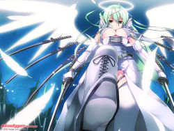 Rule 34 | 1girl, 2009, breasts, feathers, galge.com, green eyes, green hair, halo, katana, large breasts, matching hair/eyes, mole, mole under eye, refeia, solo, sword, wallpaper, weapon, wings