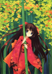Rule 34 | 1girl, absurdres, bamboo, bamboo forest, black hair, blue eyes, forest, highres, ito noizi, japanese clothes, kimono, long hair, nature, original, solo