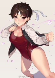 Rule 34 | 1girl, absurdres, alternate costume, artist name, bare legs, barefoot, blush, breasts, brown eyes, brown hair, cleavage, clenched hands, collarbone, commentary request, competition swimsuit, fighting stance, fingernails, gradient background, headband, highres, jacket, kagematsuri, kasugano sakura, leotard, long sleeves, looking at viewer, medium breasts, one-piece swimsuit, open clothes, open jacket, parted lips, petals, red leotard, shadow, shiny clothes, shiny skin, short hair, signature, simple background, solo, standing, street fighter, street fighter v, swimsuit, thighs