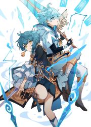 Rule 34 | 2boys, androgynous, blue eyes, blue hair, chongyun (genshin impact), claymore (sword), emmikn, full body, genshin impact, greatsword, holding, holding sword, holding weapon, ice, looking at viewer, looking to the side, male focus, multiple boys, open mouth, sword, talisman, water, weapon, white background, xingqiu (genshin impact), yellow eyes