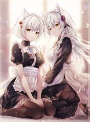 Rule 34 | 2girls, alternate costume, animal ears, backlighting, breasts, cat ears, chest jewel, cleavage, commentary, dual persona, enmaided, frills, grey hair, highres, long hair, looking at viewer, m (xenoblade), maid, maid headdress, medium breasts, mio (xenoblade), multiple girls, parted lips, short hair, sitting, smile, thighhighs, ui frara, wariza, xenoblade chronicles (series), xenoblade chronicles 3, yellow eyes