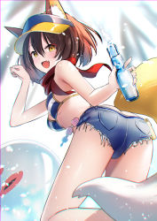Rule 34 | 1girl, :d, animal ears, bikini, bikini top only, blue archive, blue hat, blue shorts, bottle, breasts, brown hair, butt crack, denim, denim shorts, fang, fingernails, fox ears, fox girl, fox tail, from behind, hair between eyes, hat, highres, holding, holding bottle, izuna (blue archive), izuna (swimsuit) (blue archive), legs, looking at viewer, looking back, medium breasts, open mouth, red scarf, scarf, shorts, smile, solo, striped bikini, striped clothes, swimsuit, tail, thighs, visor cap, yan (nicknikg), yellow eyes