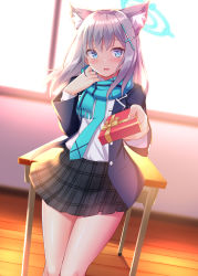 Rule 34 | 1girl, animal ear fluff, animal ears, blazer, blue archive, blue eyes, blue jacket, blush, box, cat ears, cat girl, commentary request, desk, gift, gift box, grey skirt, hair between eyes, hair ornament, halo, highres, holding, holding gift, indoors, jacket, long hair, looking at viewer, open mouth, plaid, plaid skirt, pleated skirt, scarf, school desk, shiroko (blue archive), shirt, sidelocks, silver hair, skirt, solo, thighs, tokyo yamane, valentine, white shirt