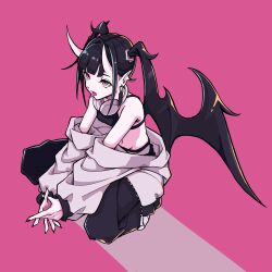 Rule 34 | 1girl, bare shoulders, black bra, black hair, black nails, black pants, black wings, blonde hair, bra, clothes down, demon girl, earrings, eyeliner, fingernails, from side, full body, gaako illust, grey hair, grey jacket, groin, hair wings, headphones, headphones around neck, highres, horns, jacket, jewelry, long hair, long sleeves, looking ahead, makeup, multicolored hair, nail polish, navel, ofuda earrings, open mouth, original, own hands together, pants, pink background, pink eyes, pink theme, pointy ears, sharp fingernails, simple background, skin-covered horns, solo, sports bra, squatting, streaked hair, tongue, tongue out, twintails, underwear, v arms, wings