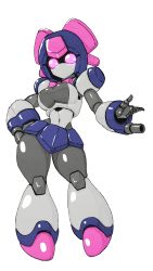 Rule 34 | 1girl, alternate breast size, arm cannon, bow, bowtie, brass (medarot), breasts, cleavage, highres, joints, looking at viewer, medarot, miniskirt, navel, pink bow, pink bowtie, pink eyes, robot, robot girl, robot joints, school uniform, serafuku, simple background, skirt, solo, standing, tank top, weapon, white background