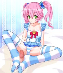 Rule 34 | 1girl, bed, blush, censored, character request, copyright request, feet, feet together, footjob, gloves, green eyes, highres, neko totora, no shoes, panties, penis, pink hair, sitting, smile, solo focus, spread legs, striped clothes, striped panties, striped thighhighs, thighhighs, toes, twintails, underwear