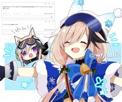 Rule 34 | 1girl, animal ear headwear, animal ears, arknights, bell, blue bow, blush, bow, cardigan (arknights), cardigan (cheerful guardian) (arknights), chibi, chibi inset, closed eyes, commentary request, dog ears, dog girl, fake animal ears, fang, goggles, goggles on head, hair over shoulder, itsuki 02, light brown hair, low twintails, official alternate costume, open mouth, outstretched arms, pom pom (clothes), purple eyes, skin fang, spread arms, twintails, white headwear