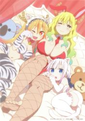 Rule 34 | 3girls, animal ears, bell, blonde hair, blue eyes, blush, breasts, cat ears, cat tail, cleavage, collar, fang, feet, fishnets, hair ornament, headdress, highres, horns, kanna kamui, kobayashi-san chi no maidragon, large breasts, leotard, light purple hair, long hair, looking at viewer, lucoa (maidragon), lying, multicolored hair, multiple girls, neck bell, no shoes, official art, one eye closed, open mouth, orange hair, playboy bunny, red eyes, smile, soles, stuffed animal, stuffed toy, tail, toeless legwear, toes, tohru (maidragon), two-tone hair, wink