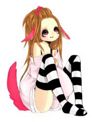 Rule 34 | 1girl, bangs pinned back, full body, lowres, simple background, sitting, solo, striped clothes, striped thighhighs, tagme, thighhighs, white background