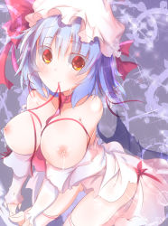 Rule 34 | 1girl, bat wings, blue hair, blush, breasts, clothes pull, dress, dress pull, fang, hat, hat ribbon, juliet sleeves, lactation, large breasts, long sleeves, mob cap, mouth hold, nagii yuki, nipples, puffy sleeves, red eyes, remilia scarlet, ribbon, ribbon in mouth, smile, solo, thighhighs, topless, touhou, white dress, white thighhighs, wings