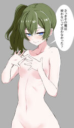 Rule 34 | 1girl, blue eyes, breasts, commentary, completely nude, embarrassed, green hair, highres, medium breasts, nude, one side up, sasasa r 23, small breasts, solo, sousou no frieren, translated, ubel (sousou no frieren), x-ray, x-ray vision