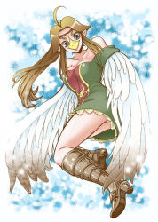 Rule 34 | 1girl, ahoge, bare shoulders, beak, bird girl, blue eyes, boots, breasts, brown hair, chikaburo, circlet, cleavage, dress, flying, from below, full body, green dress, harpy, knee boots, large breasts, long hair, looking at viewer, medli, monster girl, nintendo, aged up, panties, pantyshot, pointy ears, rito, solo, strapless, strapless dress, the legend of zelda, the legend of zelda: the wind waker, underwear, upskirt, white panties, wings