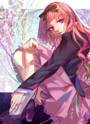 Rule 34 | 1girl, aiha (noragami), bow, etude, highres, long hair, noragami, pink hair, purple eyes, sitting, skirt, solo, wavy hair