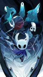 Rule 34 | 2boys, 2others, 3girls, bug, commentary, commission, darkdog, dress, floating, herrah (hollow knight), highres, holding, holding weapon, hollow knight, hollow knight (character), hornet (hollow knight), knight (hollow knight), looking at viewer, lurien (hollow knight), monomon (hollow knight), multiple boys, multiple girls, multiple others, nail (hollow knight), quirrel, red dress, weapon, white mask