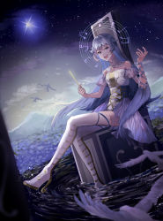 Rule 34 | 1girl, :d, conductor baton, beamed eighth notes, beamed sixteenth notes, bird, blue hair, boots, breasts, detached collar, eighth note, full body, half note, high heel boots, high heels, highres, long hair, long neck, looking at viewer, mountainous horizon, music, musical note, open mouth, pixiv, purple eyes, quarter note, ripples, singing, sitting, sky, small breasts, smile, solo, star (sky), star (symbol), starry sky, syuka rain, thigh boots, thighhighs, treble clef, very long hair