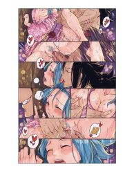 Rule 34 | 1boy, 1girl, black hair, blue hair, blush, breasts, breasts squeezed together, cleavage, clitoral stimulation, clothed sex, ear licking, fairy tail, gajeel redfox, hetero, highres, levy mcgarden, licking, nipple stimulation, nipple tweak, nipples, rusky, sequential, sex, standing, standing sex, uncensored, vaginal