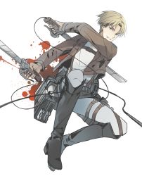 Rule 34 | 1girl, androgynous, blonde hair, blood, blue eyes, boots, brown jacket, commentary, dual wielding, enlin, holding, jacket, knee boots, knees up, nanaba, pants, shingeki no kyojin, short hair, simple background, solo, sword, thigh strap, three-dimensional maneuver gear, weapon, white background, white pants, wire