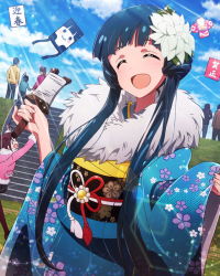 Rule 34 | 10s, 2girls, ^ ^, blue hair, blue sky, cloud, day, closed eyes, floral print, flower, hair flower, hair ornament, idolmaster, idolmaster million live!, japanese clothes, kimono, kitakami reika, kite, kite flying, kite string, long hair, low twintails, matsuda arisa, multiple girls, official art, open mouth, sky, smile, solo focus, sunlight, twintails