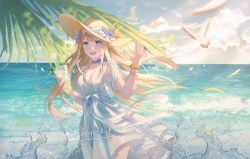 Rule 34 | blonde hair, blue eyes, cup, dress, flower, hat, hat flower, highres, holding, holding cup, lexington (warship girls r), lingmuqianyi, ocean, smile, solo, warship girls r